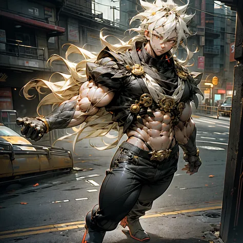 1 boy,((full body:1.2)),(stand),SAIYA,(looking at viewer),(white eye:1.2),super saiyan,(glowing hair:1.2),(urban setting:1.3),(male focus:1.1),(male muscles:1.1),(big muscle:1.1),(pectoral:1.1),(abdominal muscle:1.1),(upper body nudity:1.1), detailed face,...