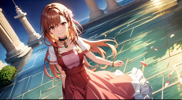 Anime view of Misaka mikoto, 1girl, teen girl, kawaii, solo, chestnut hair, hairpin,brown eyes, standing, looking at viewer,smile,golden armor with beads,praying beads on neck, long skirt,white marbled greek Acropolis flower garden,anime style,deep depth o...