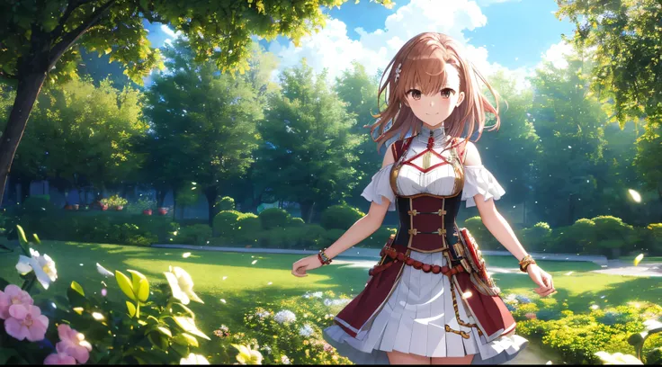 Anime view of Misaka mikoto, 1girl, teen girl, kawaii, solo, chestnut hair, hairpin,brown eyes, standing, looking at viewer,smile,golden armor with beads,praying beads on neck, long skirt,white marbled greek Acropolis flower garden,anime style,deep depth o...