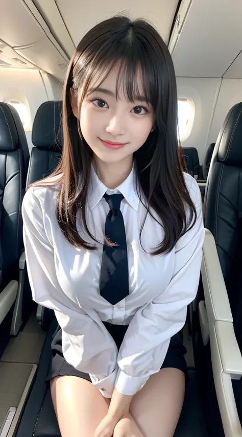 top-quality, ​masterpiece, 8K, 超A high resolution, (Photorealsitic:1.4), 1girl in、美丽的面容、symmetrical eye、Colossal tits、Perfect body proportion、Stewardess uniform、Look at viewers、(Inside the plane:1.2)、front-facing view、Shoulder、Absolute area(1.3)、Korean Ido...