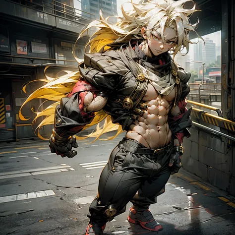 1 boy,((full body:1.2)),(stand),SAIYA,(looking at viewer),(white eye:1.2),super saiyan,(glowing hair:1.2),(urban setting:1.3),(male focus:1.1),(male muscles:1.1),(big muscle:1.1),(pectoral:1.1),(abdominal muscle:1.1),(upper body nudity:1.1), detailed face,...