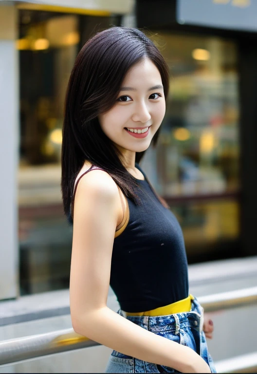 30 year old Hong Kong woman, Perfect slender figure,smiling genius, Straight medium hair with a slight brown tinge, thin and slightly long face、innocent and charming, black tank top and denim overalls.