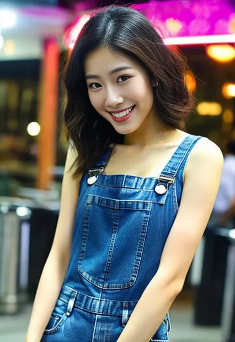 30 year old Hong Kong woman, Perfect slender figure,smiling genius, Straight medium hair with a slight brown tinge, thin and slightly long face、innocent and charming, black tank top and denim overalls.