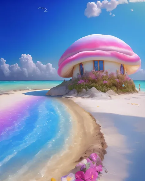 There&#39;a house on the beach with rainbow colored roof, Casa da Concha, magical beach, (fantasia), cores surreais, em uma casa estilo terra doce, arte sonhadora, Casa do Cogumelo, magical colours and atmosphere, arte de fantasia digital colorida, whimsic...