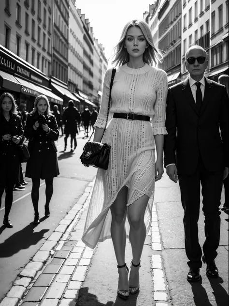 1 female focused, swedish woman model walking down a busy city street in a dress, (turn around and look at the camera), proportion of fashion models, a black and white photo, in Paris, standing in Paris, (paparazzi), street photography style, shot on Leica...