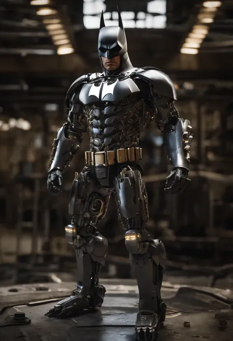 Imagine an intense scene featuring a highly detailed Batman transformed into a complete robot made out of steel, hydraulics, and computer components. Dive into the micro-detail realm to capture the intricacies of his robotic form, emphasizing the realistic...