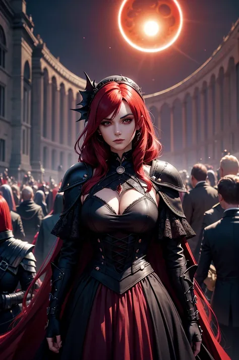 Uma personagem feminina usando capa, cabelos vermelhos curtos, In the midst of the crowd,Eclipse,goth clothing, detalhadas, 8k, magnificent art, dramatic scene, Red eclipse at the top of the image, Gothic armor with red details, Vampiro, fluttering cover.