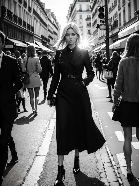 1 female focused, swedish woman model walking down a busy city street in a dress, (turn around and look at the camera), proportion of fashion models, a black and white photo, in Paris, standing in Paris, (paparazzi), street photography style, shot on Leica...