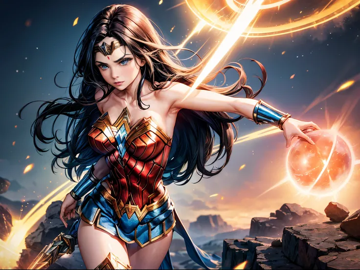 Visualize Wonder Woman from various universes converging in a mesmerizing nexus, symbolizing the interconnectedness of parallel worlds.