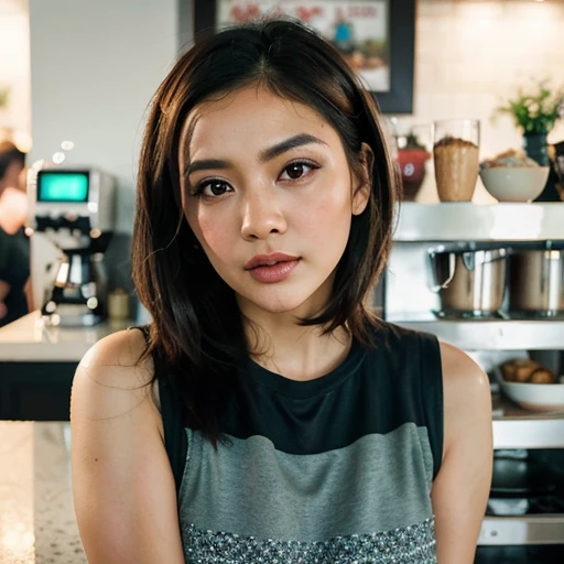 Sexy brunette Asian woman at the counter of a coffee shop with her breasts on the counter and her closed fist resting on her cheeks,camiseta vermelha sexy ,decote nos seios,olhando para a camera,master part,Rosto Russo,Bokeh,Cinematographic Luminaire,Cinem...