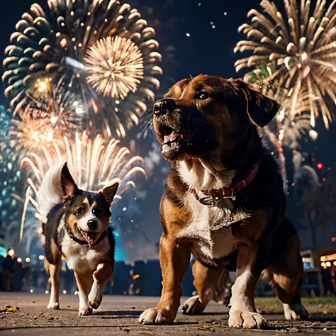 new year, big fireworks, The dog was startled., Dog running into debt, The dog is afraid,