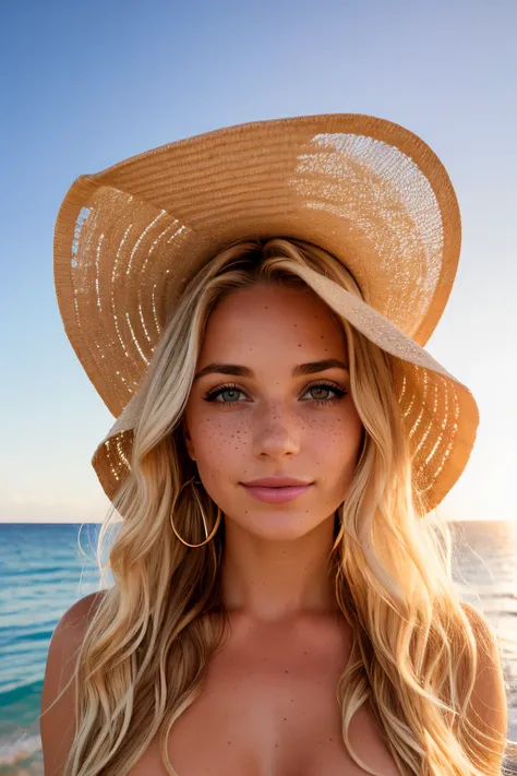 a portrait of a beautiful woman, topless, , (light freckles, beauty spots:1.2), she has long (dirty blonde:1.2) wavy hair, she is wearing a beige sunhat background of the ocean, sunset, sun-kissed, sunflare,