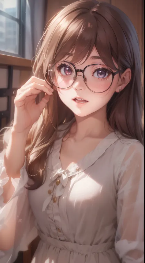 Anime - A woman in a silk dress and glasses takes a photo, small curvy loli, a hyperrealistic schoolgirl, a hyperrealistic schoolgirl, loli in dress, Cute anime waifu in a nice dress, Smooth Anime CG Art, anime highly detailed, Seductive Anime Girl, with g...