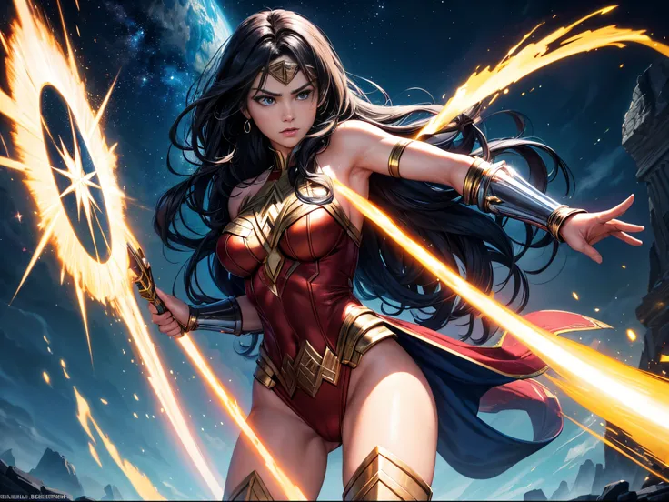 best quality,4k,8k,highres,masterpiece:1.2,ultra-detailed,realistic:1.37,Wonder Woman,DC Universe,Marvel Universe,Multiverse,cosmic portal,mesmerizing nexus,interconnectedness of parallel worlds,female superhero,iconic costume,red,blue,gold,laser-sharp foc...