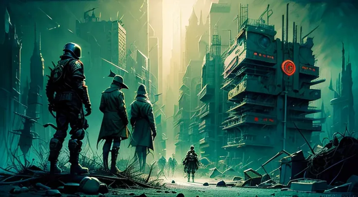 Imagine a Futuristic mega city from hell, digital dystopian city, scorched earth, post apocalyptic nightmare, dark fantasy horror, cyberpunk horror stories, neon horror, ghost like figures roaming the desolate landscape, barren and devoid of life a world c...