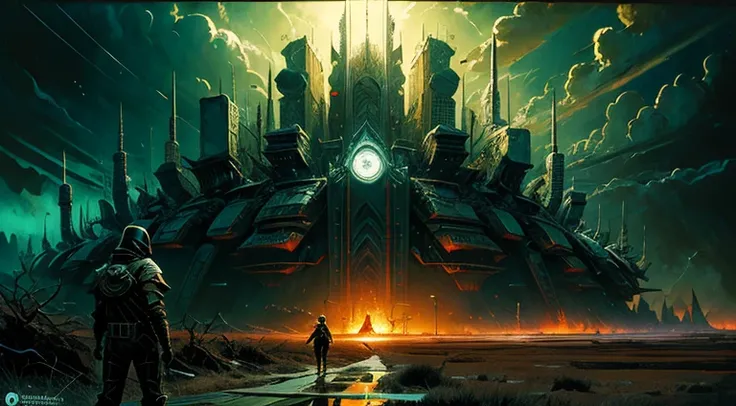 Imagine a Futuristic mega city from hell, digital dystopian city, scorched earth, post apocalyptic nightmare, dark fantasy horror, cyberpunk horror stories, neon horror, ghost like figures roaming the desolate landscape, barren and devoid of life a world c...