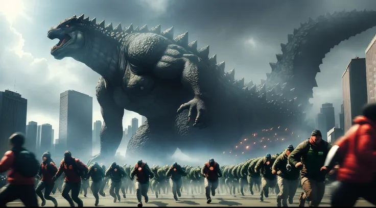 A bunch of humans running from a super giant Godzilla monster in Tokyo