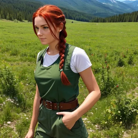 1girl, pretty face, 25 years old, red hair, braid on shoulder, green shirt, green vest, gray cargo pants, belt BREAK picking berries, open meadow, forest, mountains in the background