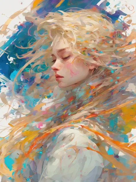 Perfect alignment, White coat, Paint the trajectory(Paint Trails), crystalline, Daisy Flower, yellow, Blue eyes, saddened, Long Blonde Hair, rest position, Abstract beauty, Beautiful young girl with a thin face, Centered, Looking at the viewer, Facing the ...