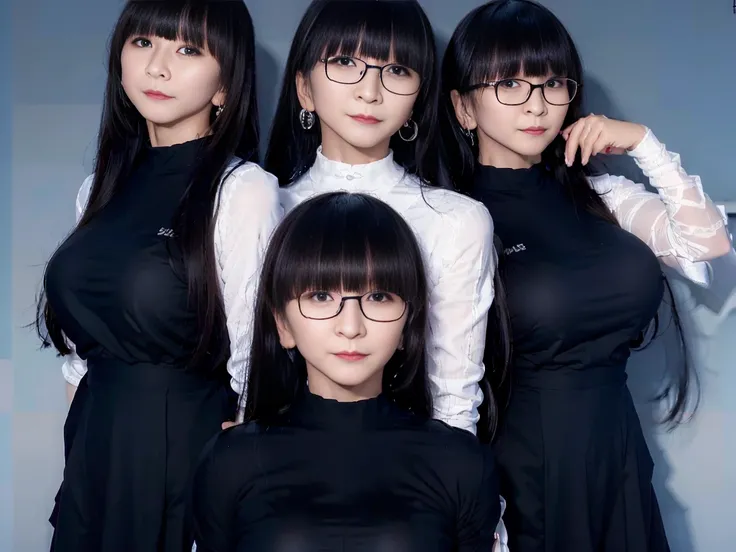 a picture、6+girl with、Black-rimmed glasses、((((Gigantic Breasts))))、matching school uniform、matching black-rimmed glasses、7 cute 18 year old girls with long black hair and big breasts、a smile、selfee、‎Classroom、Raw photo、The same face、clones、Raw photo、same ...