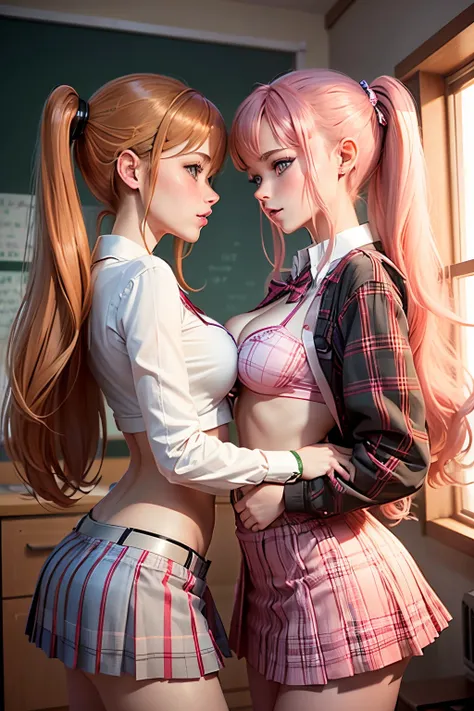 Two teen, skinny teen, sexy schoolgirls, touching each other, only bra plaid ,bigger boobs, seethru, really mini skirt pink plaid,sexy but, really long hair ginger, double ponytails, perfect eyes, blush, teasing face, hot sensations, orgasme, trying to kis...