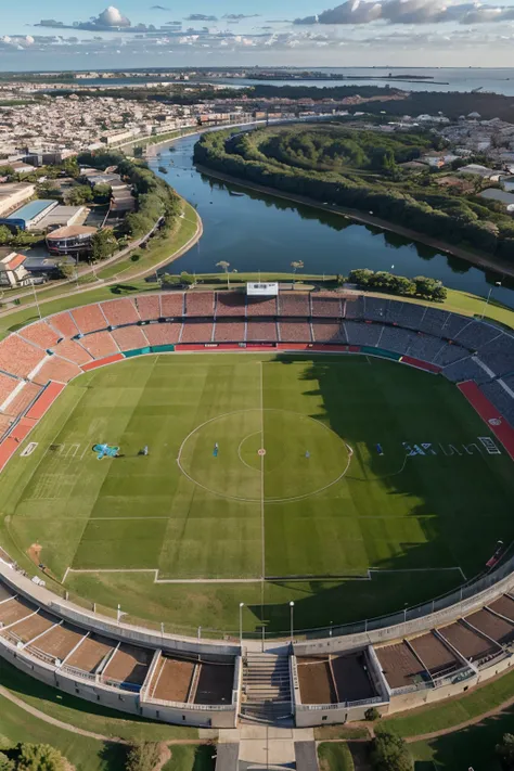 aerial view of a professional football field with a lagoon in the background,aerial photo, aerial view from above, aerial shot from the drone, aerial footage, futebol, Paisagem da Arena Softair, Foto de cima, visto de cima, fotografia de cima, Vista Ariel,...