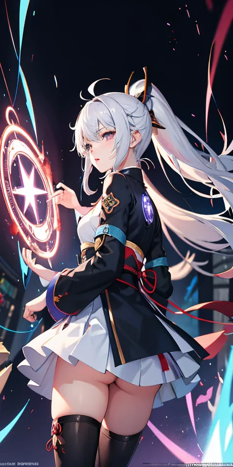 1girl,1boy,kissing,boyandgirlkising, japanese clothes, ponytail ,white hair, purple eyes, magic circle, blue fire, blue flames, wallpaper, landscape, blood, blood splatter, depth of field, night, light particles, light rays, sidelighting, thighs, fate (ser...