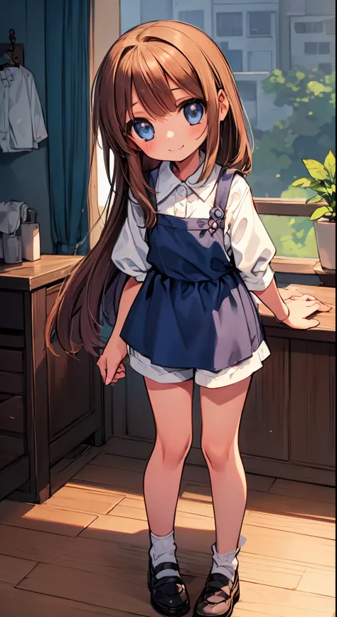 Beautiful illustration, Best Quality,(12-year-old girl:1.5)、(cute petit girl：1.6)、Lori、flat chest、(girl like bisque doll)、Navy blue apron、white  shirt、(Light blue shorts：1.8)、Gap between thigh and shorts、Clean thighs、Beautiful blue eyes, Cinematic lighting...