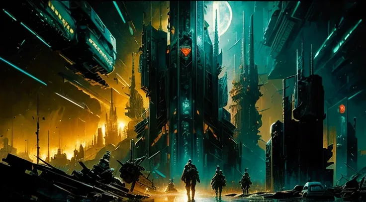 Imagine a Futuristic mega city from hell, digital dystopian city, scorched earth, post apocalyptic nightmare, dark fantasy horror, cyberpunk horror stories, neon horror, ghost like figures roaming the desolate landscape, barren and devoid of life a world c...