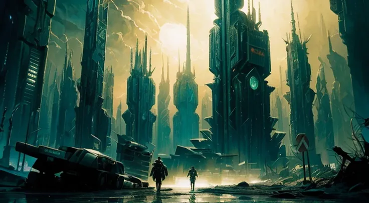 imagine a futuristic mega city from hell, digital dystopian city, scorched earth, post apocalyptic nightmare, dark fantasy horro...