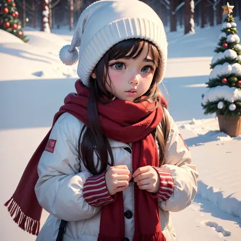 (best quality），（HD8K），（Realistic），Children in the snow, with the name Olivia Rebeca Christmas tree，adolable，red scarf，uma menina，corar，Kaihuai（Obras）