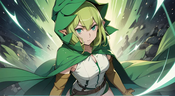 masterpiece,best quality,anime,2d,detailed face,
1girl, solo, gloves, thigh boots, pointy ears, green hair, hood, elf, blue eyes,boots, elbow gloves, cape, short hair,medium breasts, cloak, green hair,green_underwear,white shirt, cowboy shot,