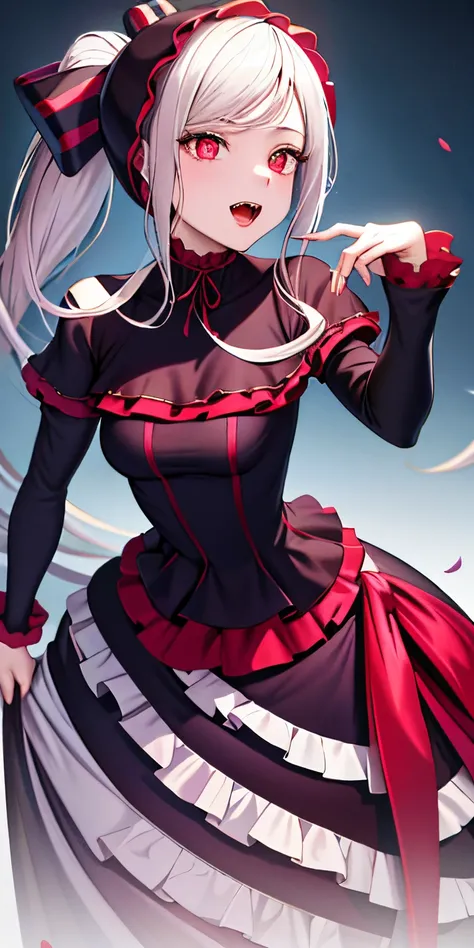 masterpiece, best quality, ShalltearV4, 1girl, solo, dress, frills, bow, hair bow, fangs, pale skin, glowing, glowing eyes, portrait, vampire