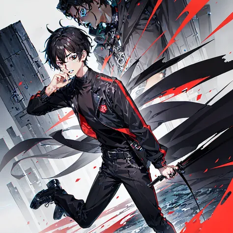 1 boy,fit,red eyes,short black hair,wearing a simple black jacket ,black pants,shoes,holding a katan