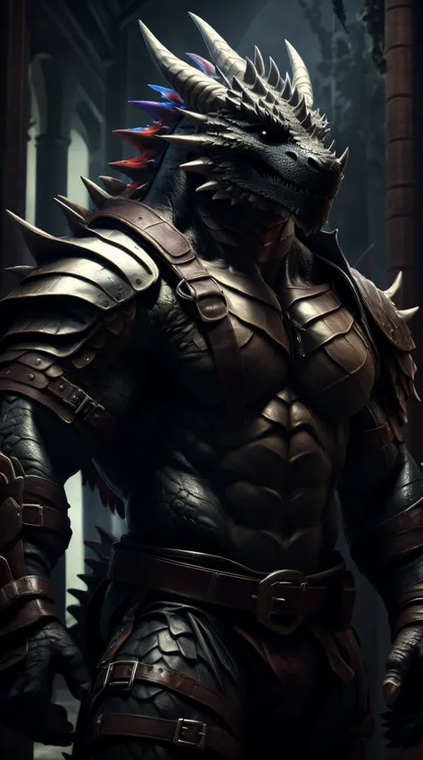 A dragon man, muscular, illustration, (best quality, 4k, highres, masterpiece:1.2), ultra-detailed, realistic, horror, sharp focus, vivid colors, abs, light armor, topless, black body with scales, black eyes, in motion, belts with pouches and bag