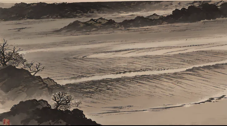 Chinese landscape painting，floods，（without humans）