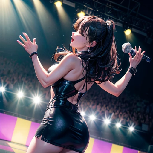 K-pop idols performing on stage, back view from down, black short tight dresses, song performance, Kpop girl group, riotous atmosphere, stage above the hall, (best quality, 8k, 16k, highres, masterpiece:1.2), ultra-detailed, (realistic, photorealistic, pho...