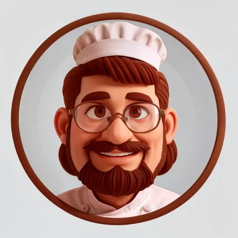 cartoon image of a man with a short beard and a chef&#39;s hat, sem bigode, chef feliz, official illustration, cor marrom, illustration, melhor chef, logotipo redondo "Padaria Amorim" reference in the image, Estilo Pixar, good monochrome viewing; homem de ...