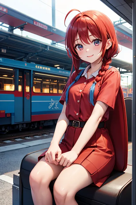 1 girl , red braid hair , azul eyes , wearing red heart shirt , happy , sitting , train station