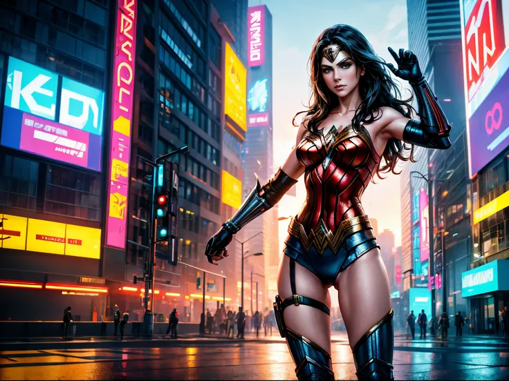 Immerse Wonder Woman in a cyberpunk cityscape with neon lights, augmentations, and a futuristic edge, blending the iconic character seamlessly into a cybernetic world.