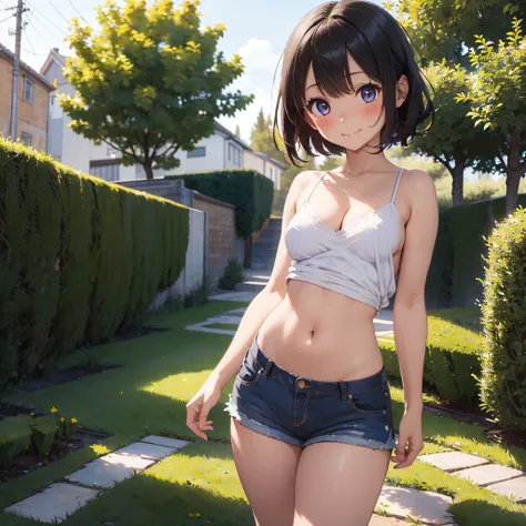 (​masterpiece:2.0), (top-quality:2.0), (standing naked in the garden:1.5), (extremely short length camisole:1.5), (super sexypose:1.5), (blushed face:1.5), (hide crotch with hand:1.5), (hide chest with hand:1.5), (Spilling boobs:1.5), (realistic:1.5), unde...