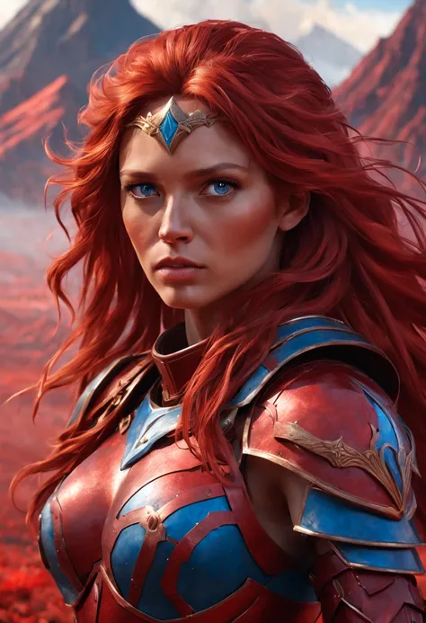 A detailed image of red background landscapes, plains and mountains and red rivers with volcanoes, a woman (detailed)
defined body (paladin) red armor and long red hair blue eyes frontal 8k realistic