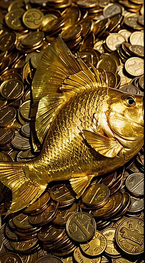 A golden fish in a sea of gold coins