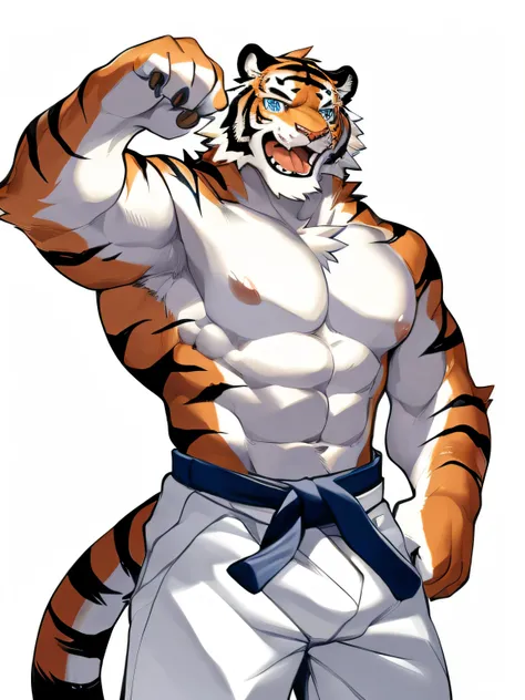 hi res,(tiger, finless tiger), anthro,4 fingers, aqua blue eyes, white pants, karate black belt, male, muscular, muscular anthro, muscular male, tail, light blue body, solo, white background,by milkytiger1145,by takemoto arashi,by null-ghost, cold atmosphe...