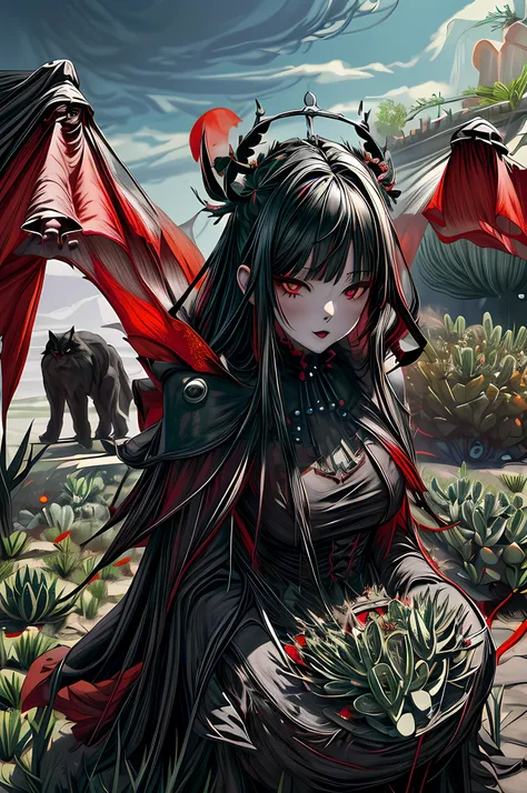 picture of a vampire woman resting in a (black:1.2) and (red:1.2) colored succulents meadow, full body, an exquisite beautiful (...