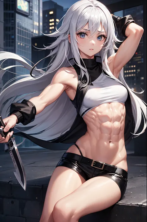 masterpiece, highest quality, 1girl, silver hair, middle hair, night city, (abs:1.3), (muscular:1.3), black Bomber jacket, black color knife