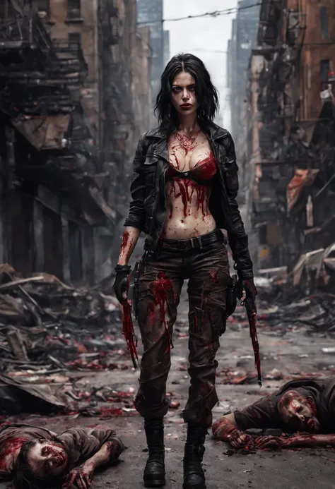 (best quality,16k,ultrarealistic),female,villain,killer of zombies,perfect body,brunette,black hair,black eyes,post-apocalyptic New York city,full body seen,grotesque image,lots of blood,gore