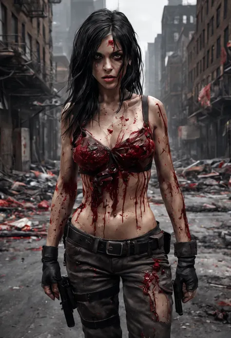 (best quality,16k,ultrarealistic),female,villain,killer of zombies,perfect body,brunette,black hair,black eyes,post-apocalyptic New York city,full body seen,grotesque image,lots of blood,gore