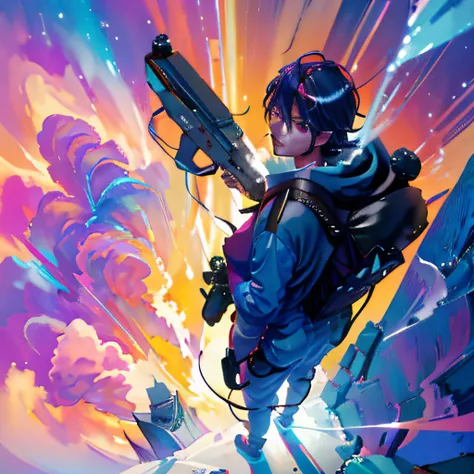 shooting smoke, anime style, camera top view perspective, man shooting upwards different colored powders smoke blue red purple yellow from a gun attached to a backpack on his back. View from above, man looking upwards., sci fi.