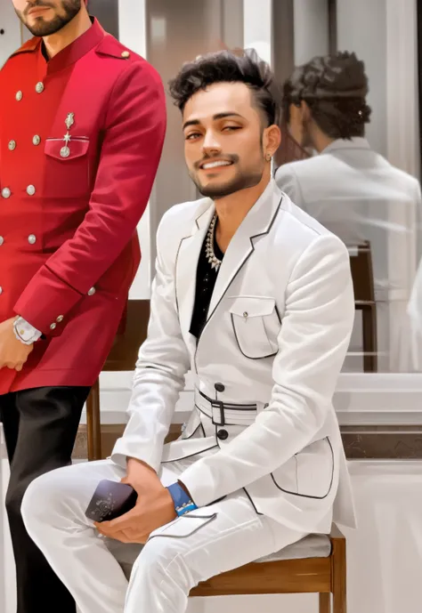 there are two men sitting on a bench in a room, dressed in a jodhpuri suit, wearing white suit, wearing futuristic white suit, white suit, wearing a white tuxedo, wearing white suit and glasses, wearing a stylish mens suit, modern maximalist suit, singer m...